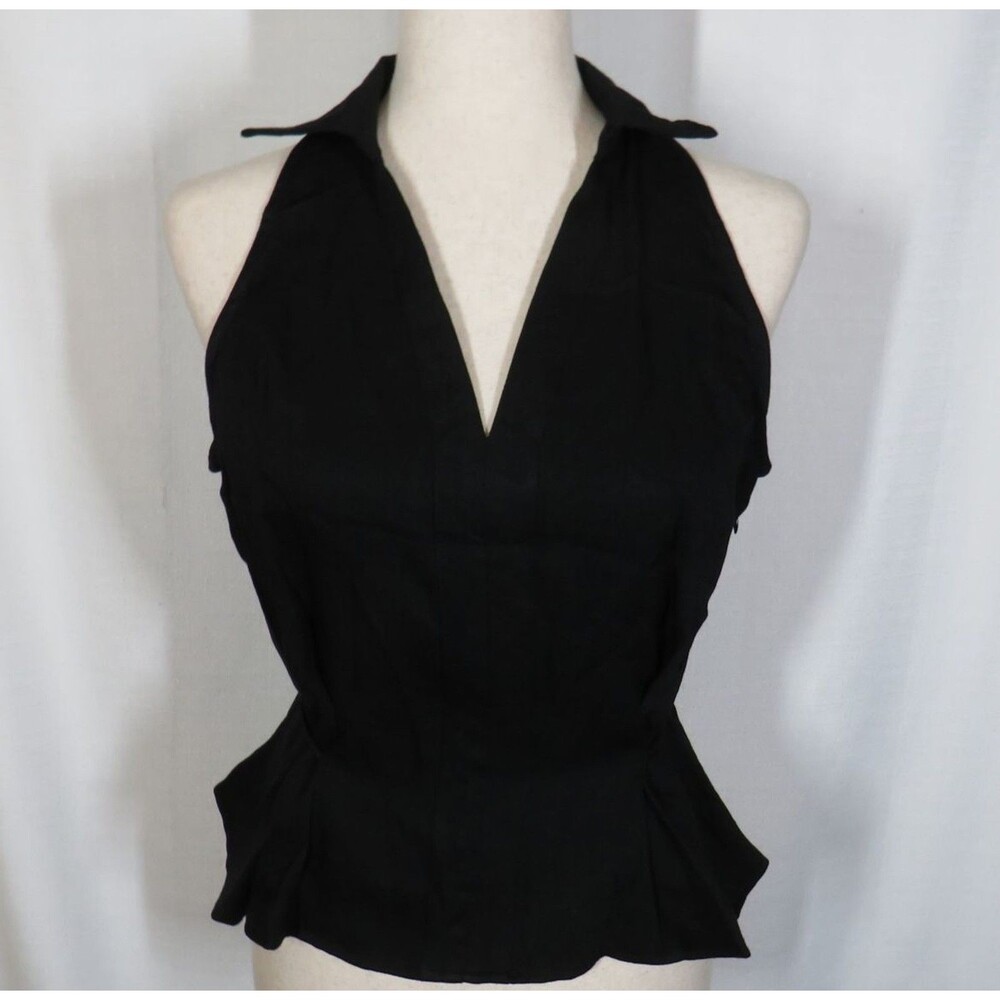 OGL Black Linen Blend Collared V Neck Sleeveless Tie Waist Top Size Small - Picture 8 of 12